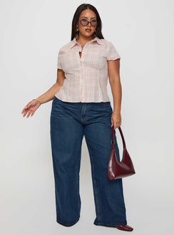 side view of model wearing Princess Polly Cottesloe Blouse Top Pink Check Curve Short Sleeves V-Neck 