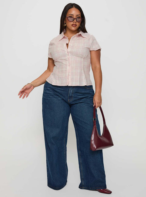 side view of model wearing Princess Polly Cottesloe Blouse Top Pink Check Curve Short Sleeves V-Neck 
