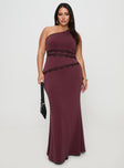 side view of model wearing Princess Polly Ultraviolet One Shoulder Lace Maxi Dress Wine Curve Asymmetric Neckline 