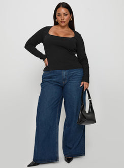 side view of model wearing Princess Polly Baseline Long Sleeve Top Black Curve Full Sleeves Square Neck 