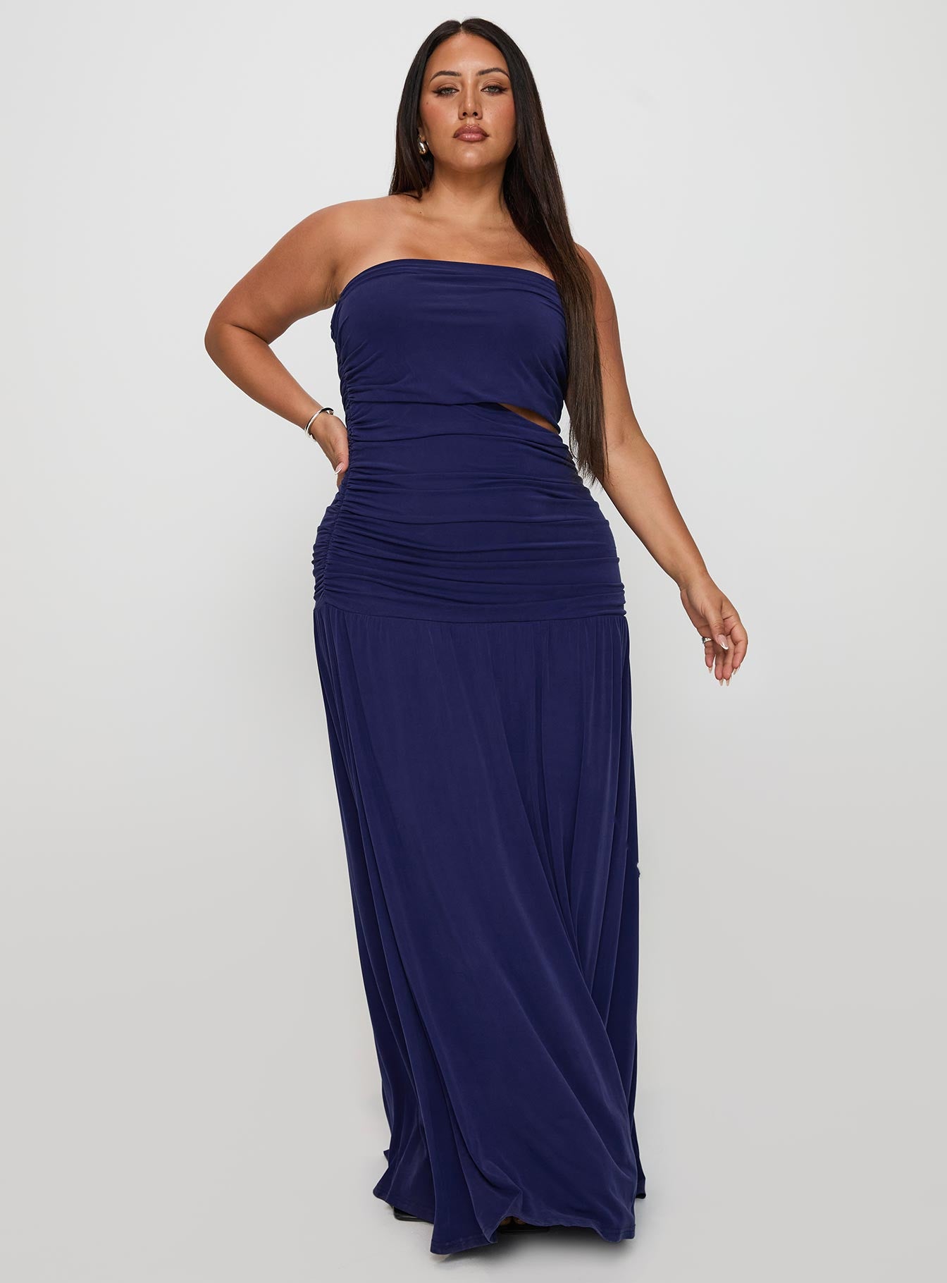 front view of model wearing Princess Polly Grandeur Strapless Maxi Dress Navy Curve Straight Neck 