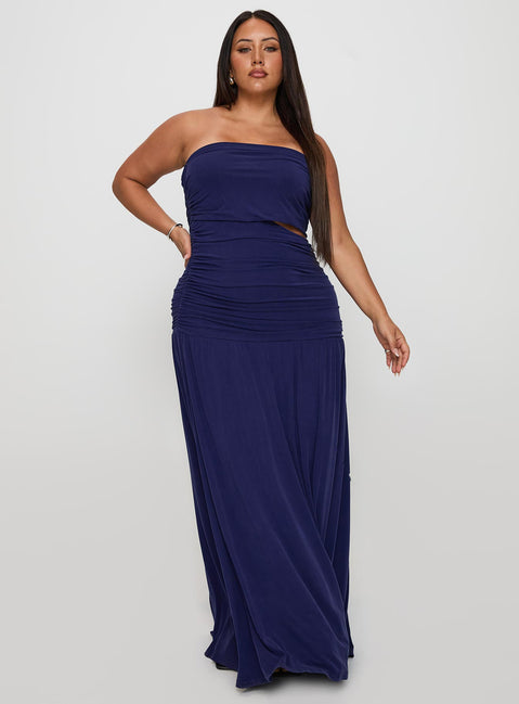 front view of model wearing Princess Polly Grandeur Strapless Maxi Dress Navy Curve Straight Neck 