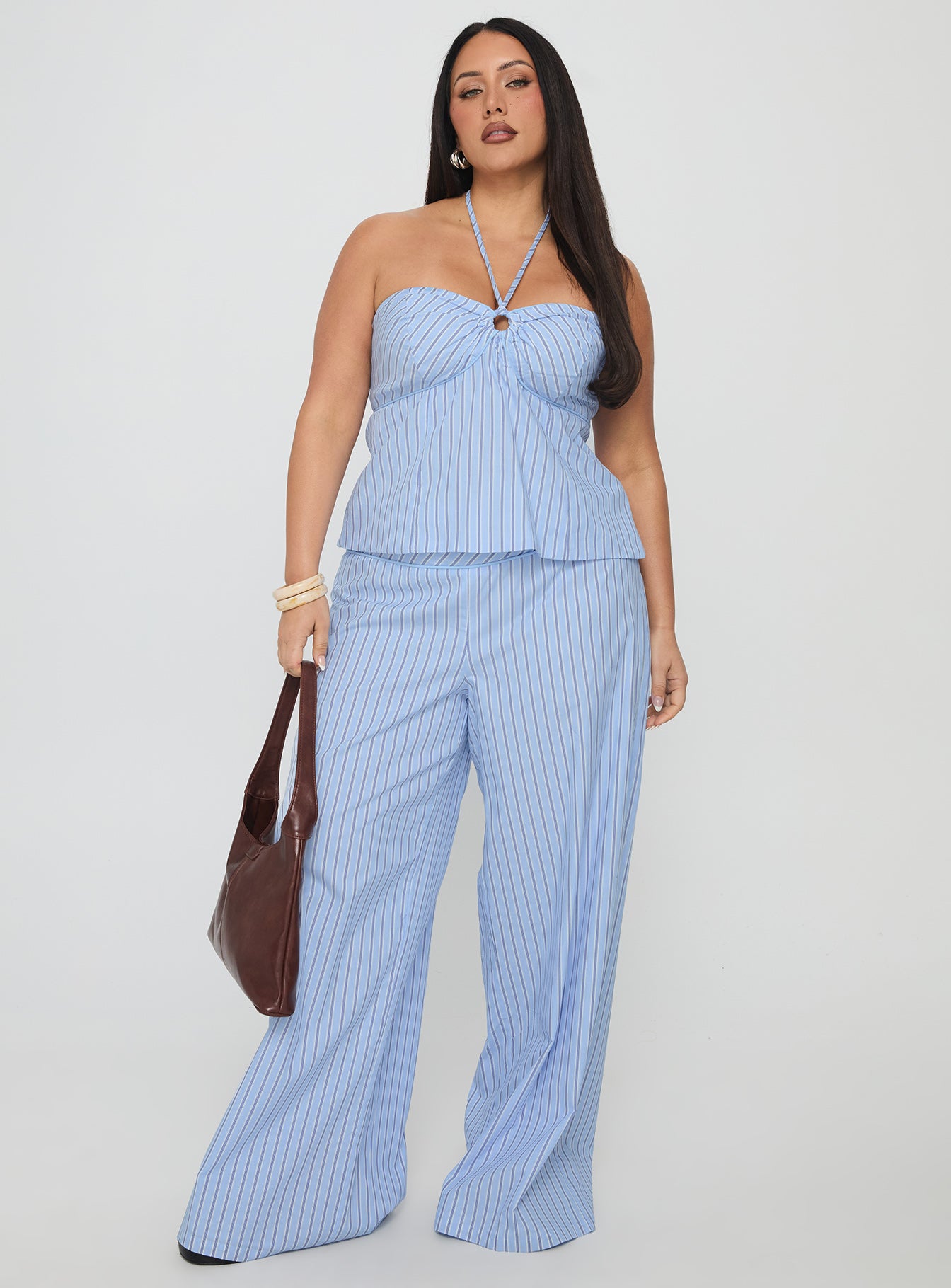 front view of model wearing Princess Polly Sofea Mid Rise Pant Blue Stripe Curve High Waisted Pants 