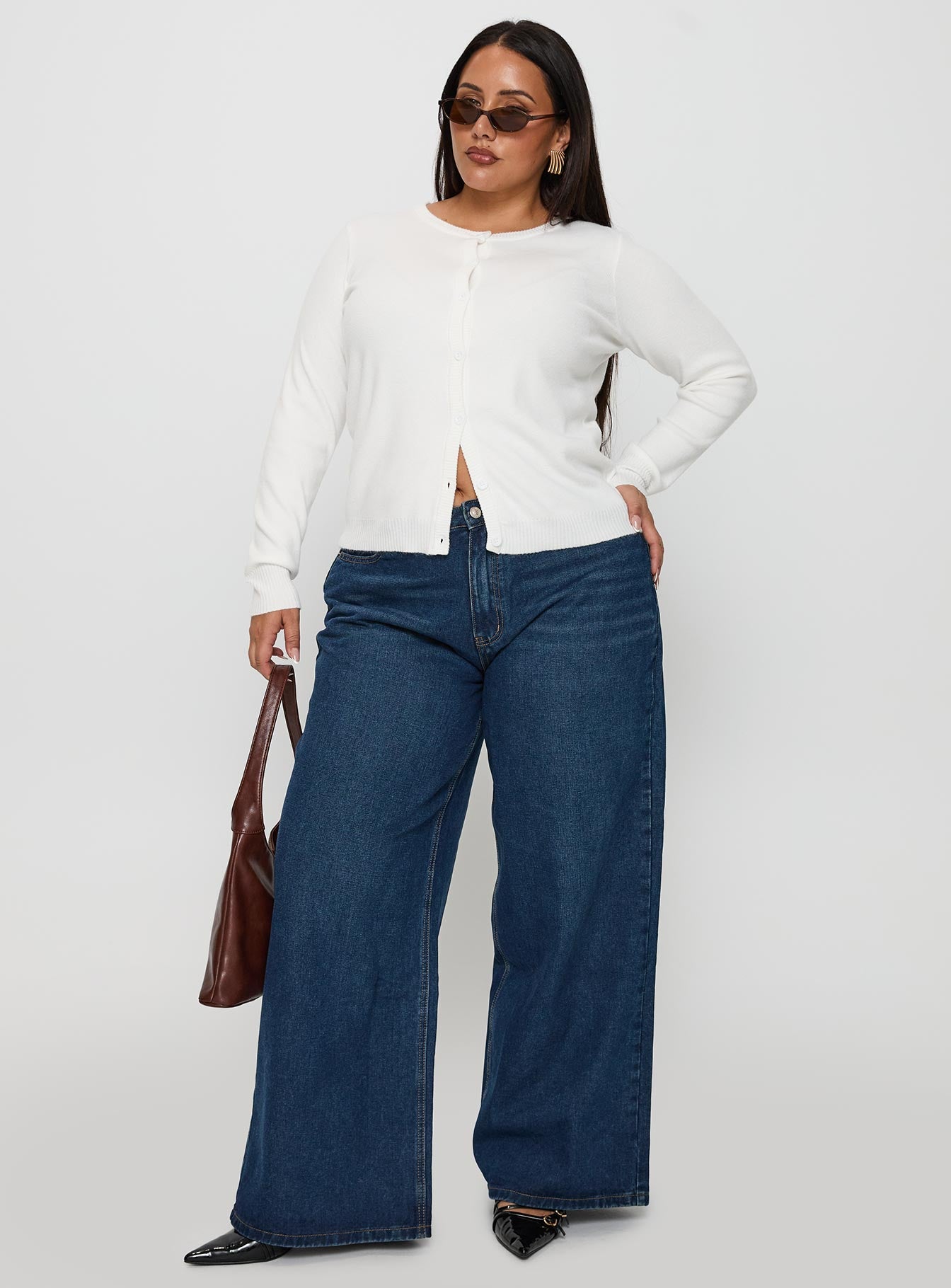 side view of model wearing Princess Polly Lauraine Cardigan White Curve regular 