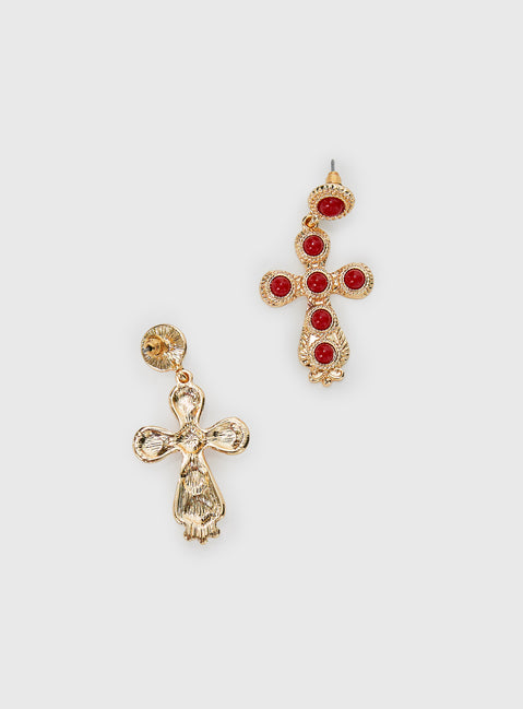 Oakwood Cross Earrings Gold / Red