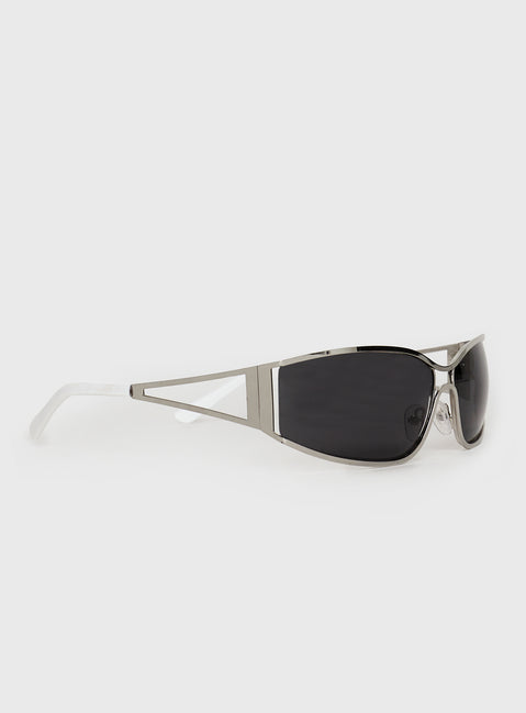 Silver-toned sunglasses Metal frame, brown tinted lenses, silicone nose pads