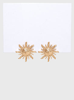 Gold-toned earrings Sun design, stud fastening, heavyweight