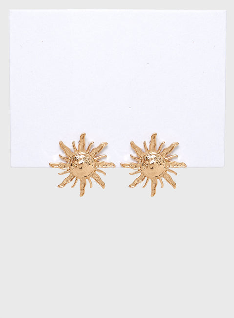 Gold-toned earrings Sun design, stud fastening, heavyweight