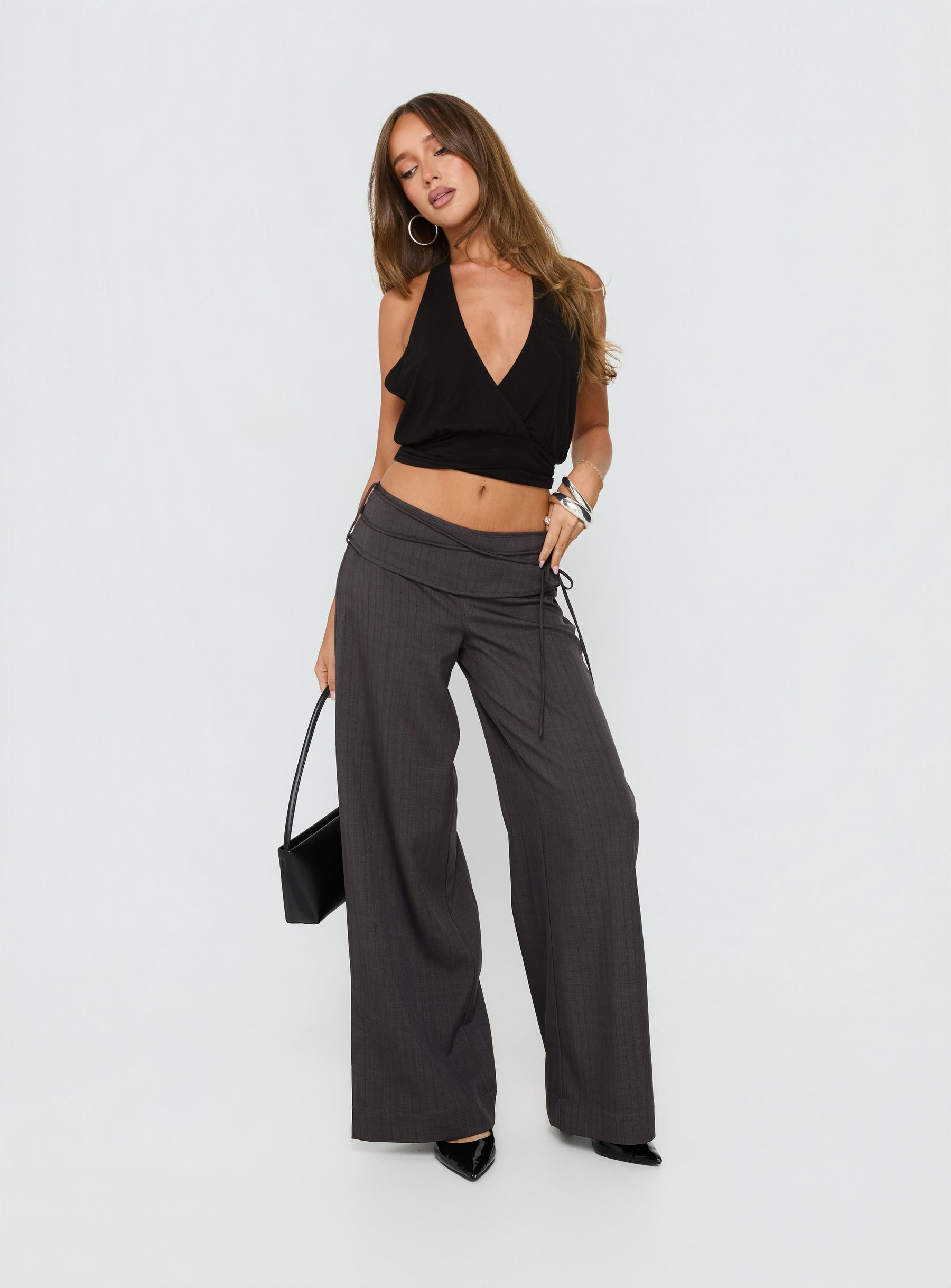 back view of model wearing Princess Polly Silver Moon Tie Pants Charcoal Mid Rise Pants 