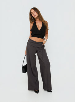 back view of model wearing Princess Polly Silver Moon Tie Pants Charcoal Mid Rise Pants 