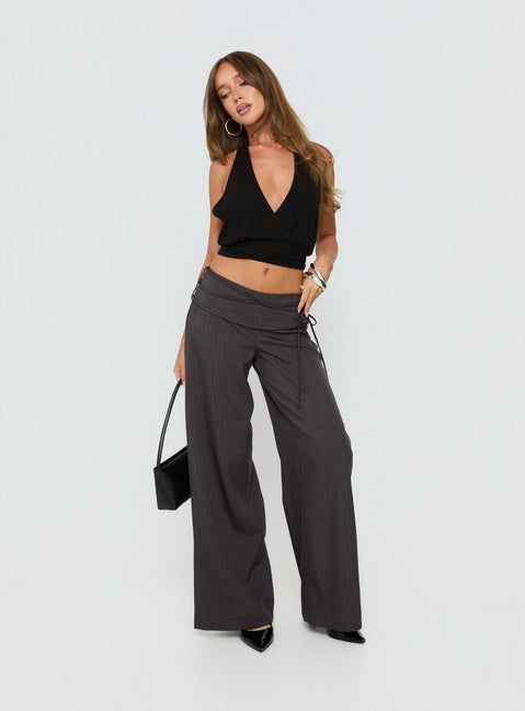 back view of model wearing Princess Polly Silver Moon Tie Pants Charcoal Mid Rise Pants 
