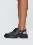 Faux leather mule Platform base, block heel, slip on design, sling back strap