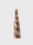 Brown Plaid shoulder bag Fixed shoulder strap, magnetic button fastening, external pocket, flat base