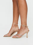 Heels Faux leather, strappy upper, open square toe, diamante encrusted straps, stiletto heel, ankle buckle fastening
