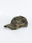 Camo print cap Velcro strap at back with distressed detail