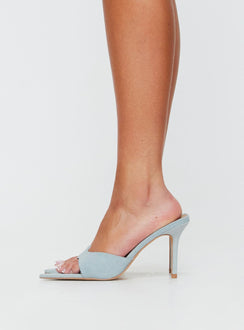 Light blue denim heels Open pointed toe, single upper strap, padded footbed, stiletto heel, slip-on style