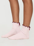 Pink and red Crew socks Bow detail, lettuce edge cuff, good stretch