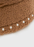 Fluffy hat Adjustable internal drawstring, pearl detail 