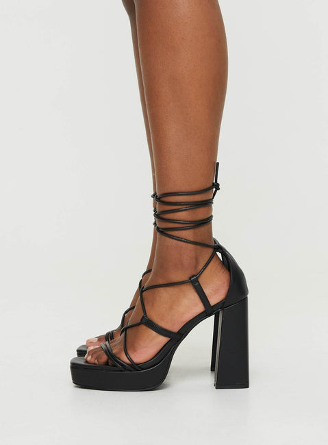 Black faux leather heels platform sole lace up
