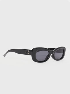 Sunglasses Rectangular shaped lenses, wide arms, smoke tinted lenses, moulded nose bridge