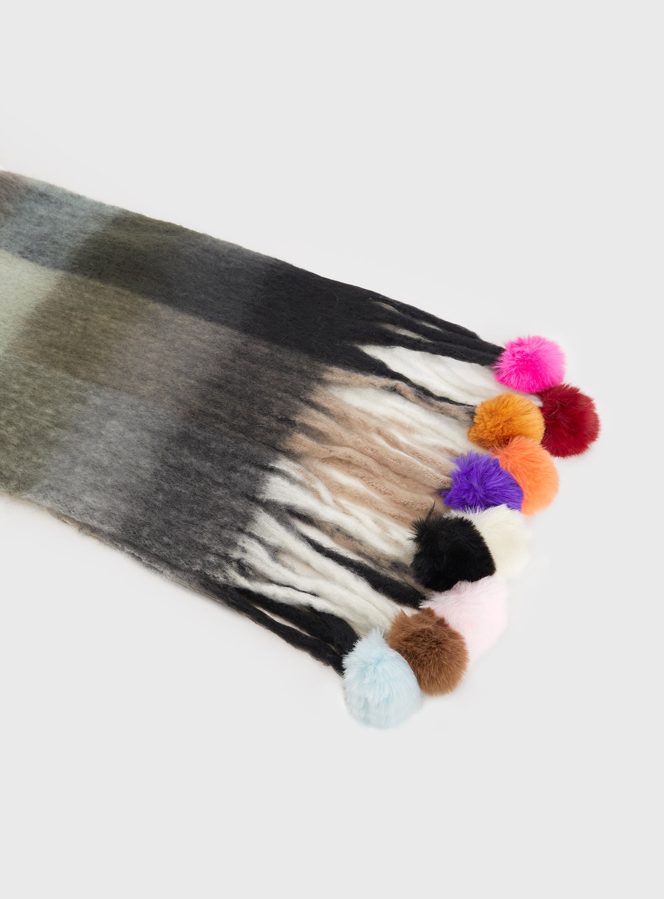 Scarf Soft knit material with good stretch, tassle ends with pom poms