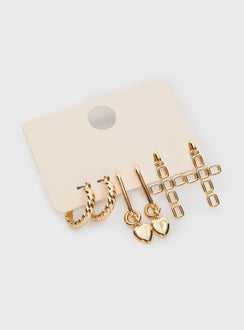 Gold toned earring pack Pack of three pairs, hoop design, stud & clasp fastening
