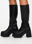 Knee High Boots Platform base, round toe, block heel, padded footbed Zip fastening at side