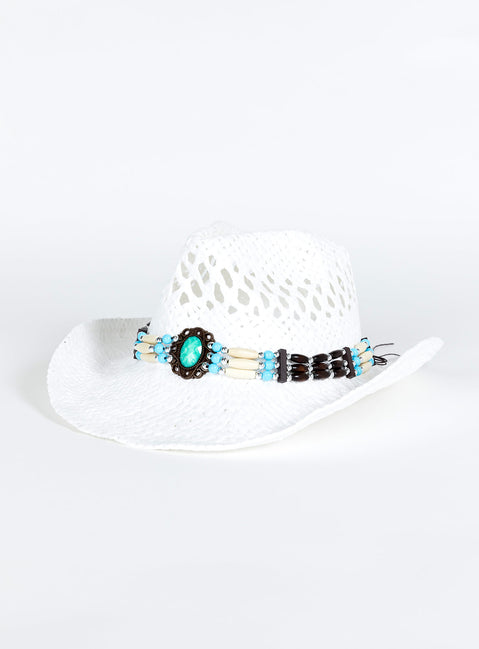 Cowboy hat Woven straw Curved wide brim  Internal adjustable drawstring Mouldable brim shape Bead detail