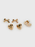 Gold-toned earring pack Diamante & pearl details, stud fastening