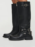 Black riding boots Low block heel, closed pointed toe, silver toned hardware