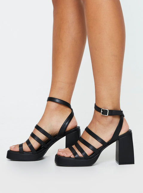 Heels Platform style, open toe, block heel, faux leather material, square open toe, thin upper straps, thin ankle strap with adjustable buckle fastening