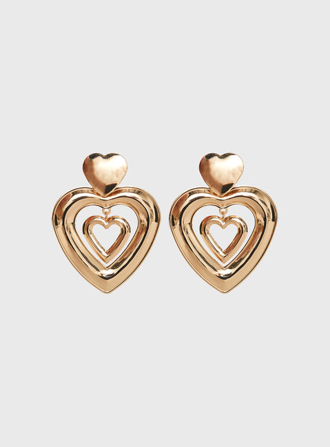 Earrings Heart pendant design, gold-toned, stud fastening