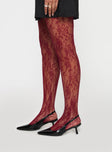 Stockings  High-waist, lace-like material, elasticated band at waist, floral style Good stretch, sheer