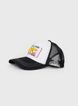 Trucker hat Graphic print , mesh back panels  Snap back fastening 