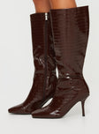 Knee-high boots Faux croc leather material, zip fastening at inside, square toe, stiletto heel