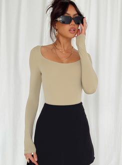 front view of model wearing Princess Polly Mallard Bodysuit Brown Petite Full Sleeves 