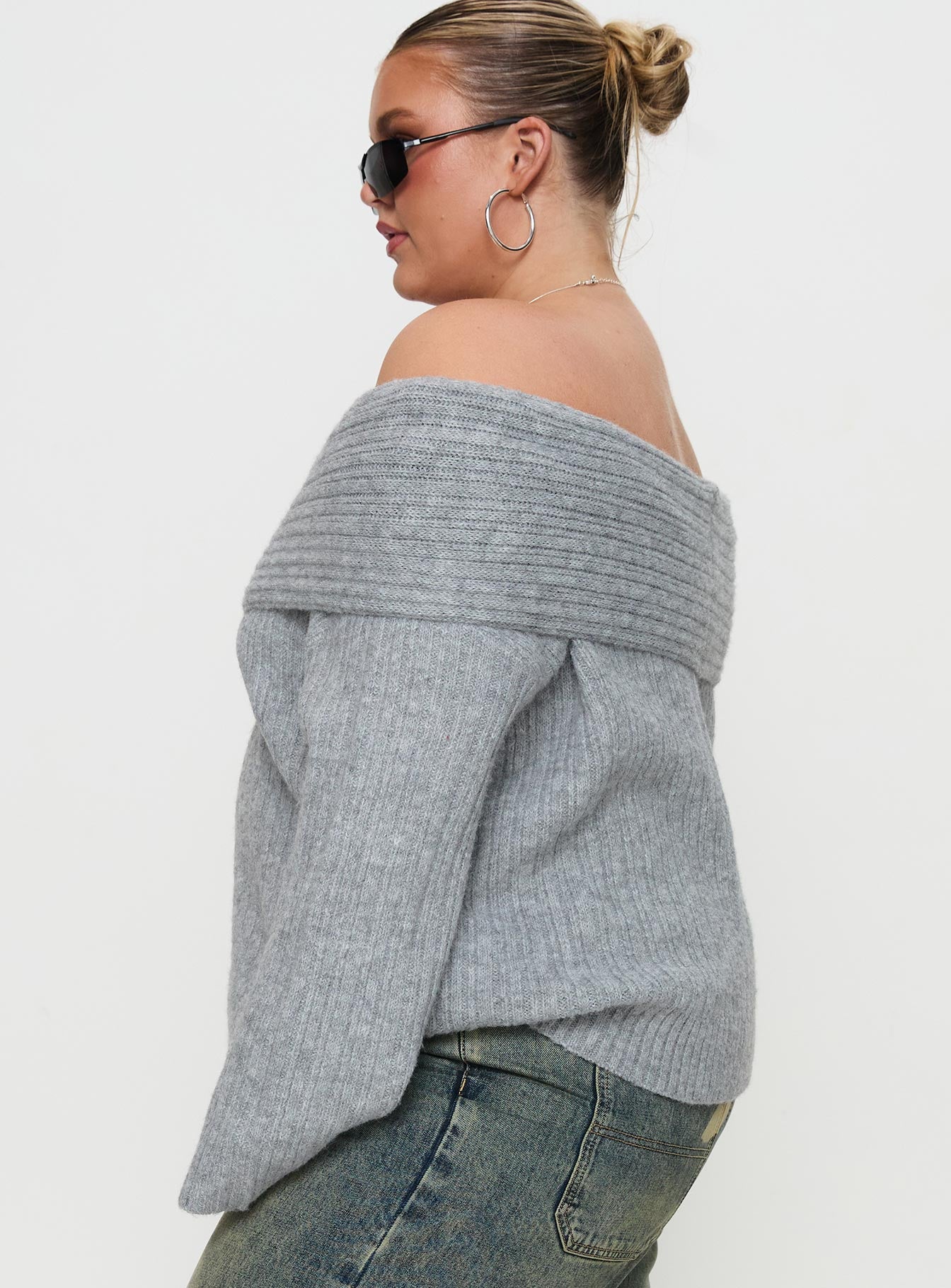 side view of model wearing Princess Polly Snowie Off Shoulder Knit Sweater Grey Curve 
