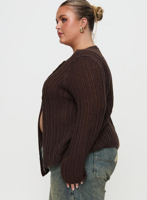 side view of model wearing Princess Polly Lenker Knit Jumper Brown Curve Long 