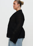 side view of model wearing Princess Polly Selma Shirt Black Curve Full Sleeves V-Neck 