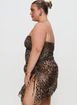 side view of model wearing Princess Polly Donelli Mini Dress Leopard Curve Straight Neck 