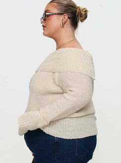 side view of model wearing Princess Polly Parkley Boucle Off The Shoulder Cream Curve 