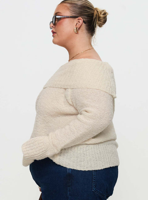 side view of model wearing Princess Polly Parkley Boucle Off The Shoulder Cream Curve 