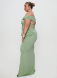 side view of model wearing Princess Polly Gwendolen Off The Shoulder Maxi Dress Green Curve Straight Neck 