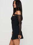 side view of model wearing Princess Polly Kampton Strapless Mini Dress Black Asymmetric Neckline 