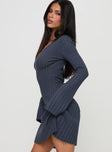 side view of model wearing Princess Polly Liberte Ribbed Long Sleeve Mini Dress Charcoal V-Neck 