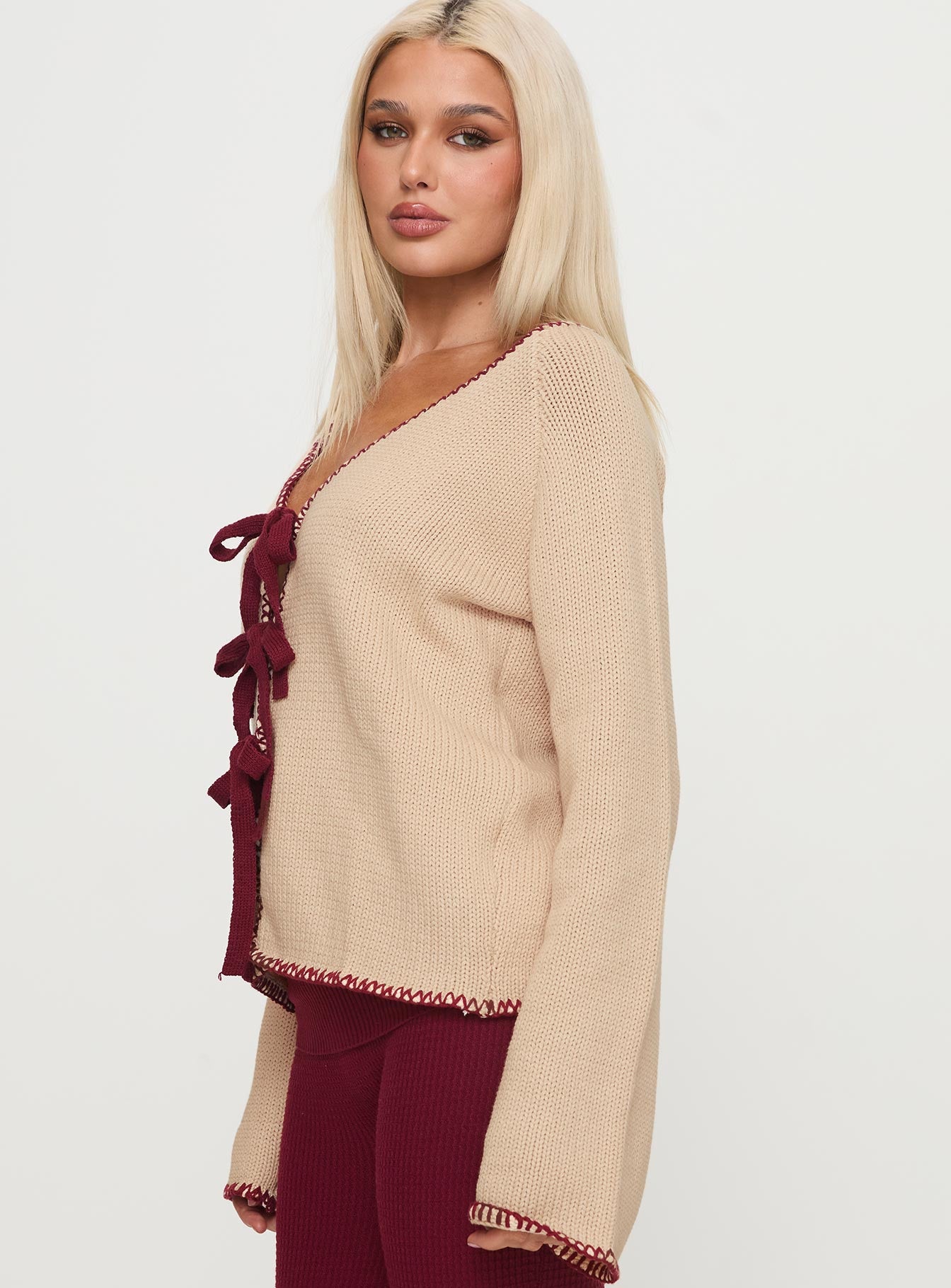 side view of model wearing Princess Polly Kiss Goodbye Knit Cardigan Multi Long 