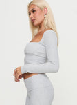 side view of model wearing Princess Polly Closed Eyes Long Sleeve Top Grey Full Sleeves Square Neck 