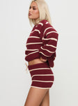 side view of model wearing Princess Polly Read Your Mind Knit Short Maroon Stripe Low Rise Shorts 