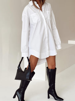 front view of model wearing Princess Polly Koumi Mini Shirt Dress White V-Neck 