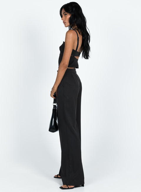 Matching set Crop top Adjustable shoulder straps Sweetheart neckline Zip fastening at back Tailored pants Zip and clasp fastening Twin hip pockets Stuble pleats at waist Straight leg